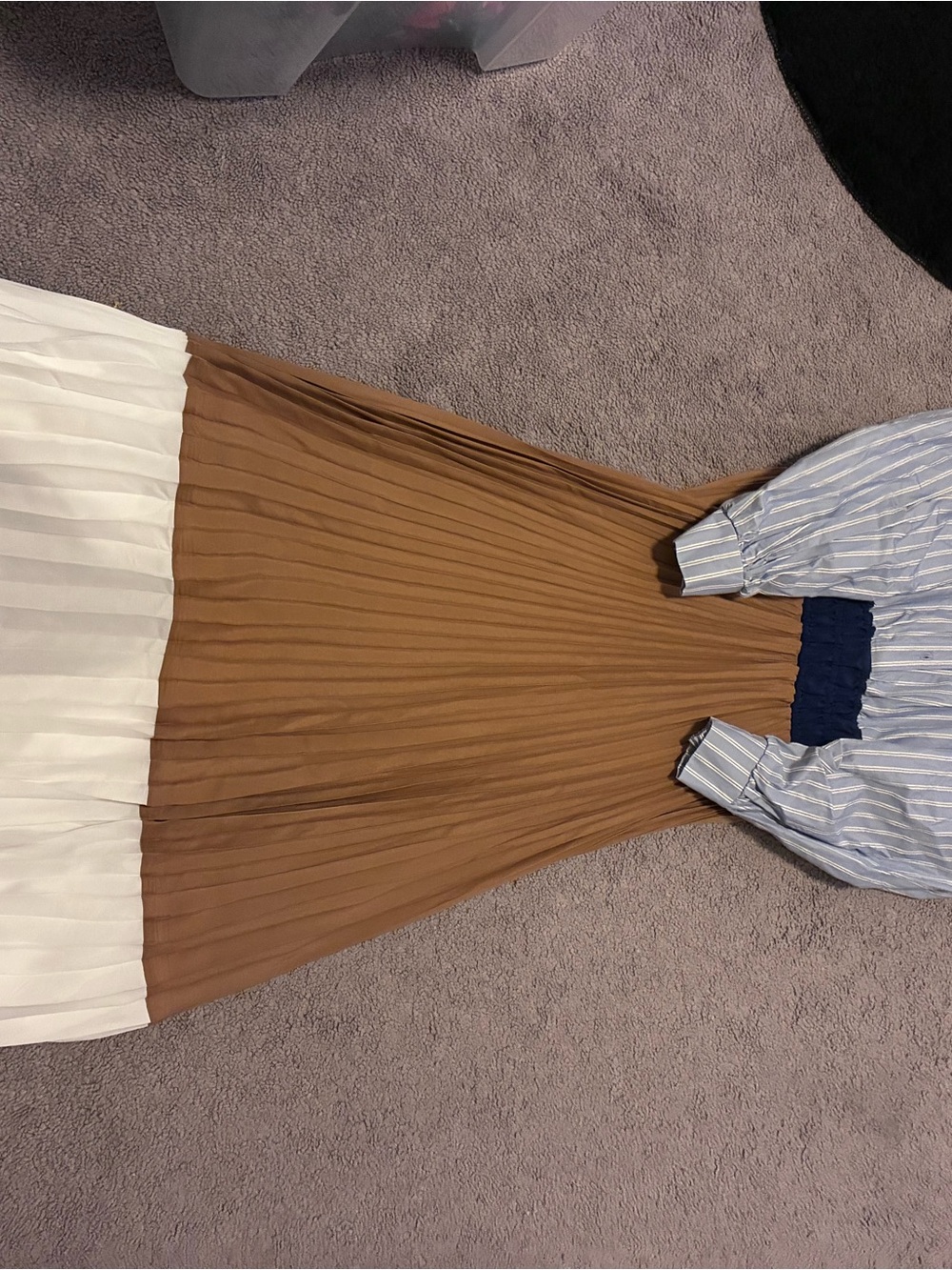 Anthropologie Pleated Colorblock Maxi Dress in Camel, Cream and Navy